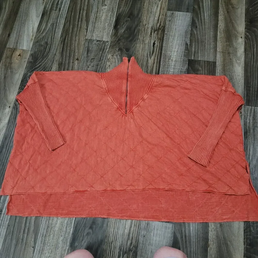 Free People Shiloh Quilted Sweatshirt Pullover‎ Zip Swing Hi Lo Size Small